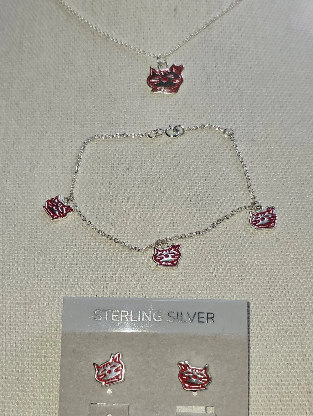 Sterling Cat Jewelry Set , Necklace, Bracelet Earrings